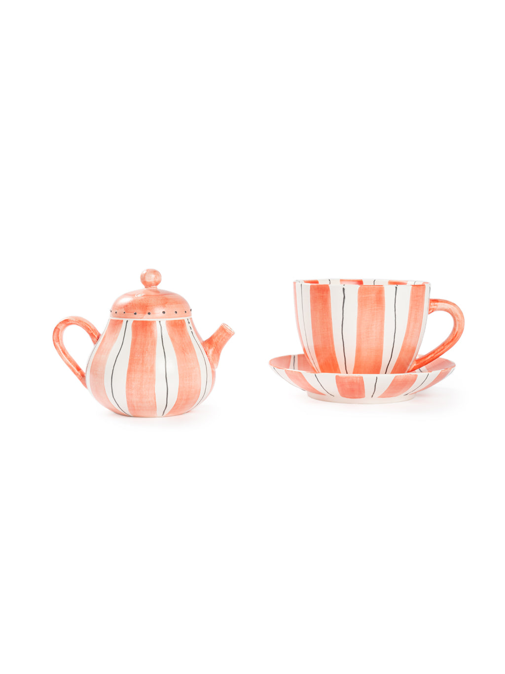 Hand-Painted Teal Stripe Ceramic Tea Set | Artisan Teapot & Cup Set with Orange Accents