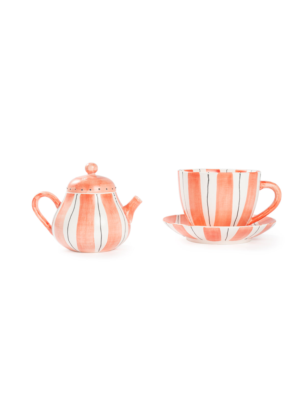 Hand-Painted Teal Stripe Ceramic Tea Set | Artisan Teapot & Cup Set with Orange Accents