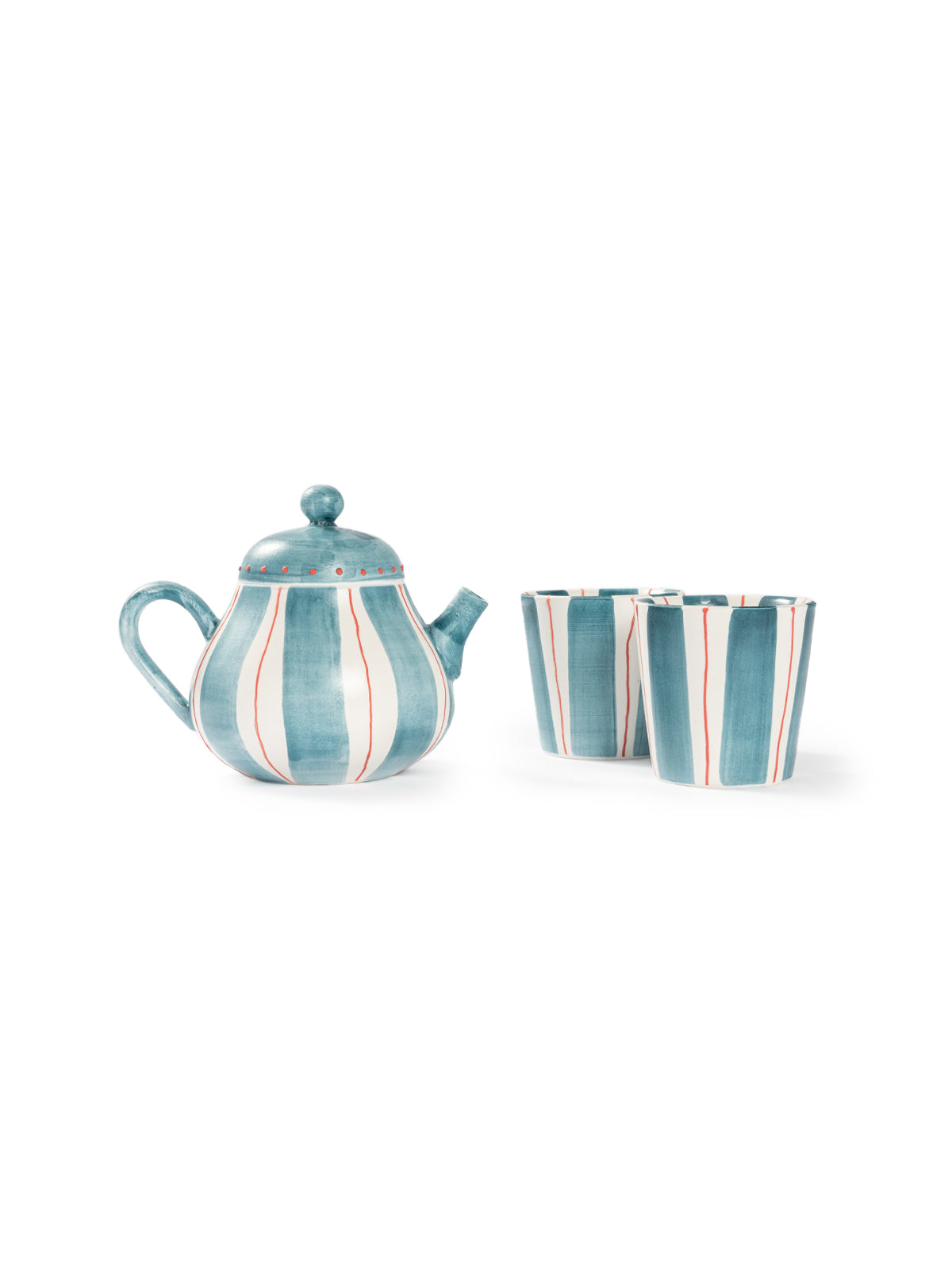 Hand-Painted Coral Stripe Ceramic Tea Set | Artisan Teapot Cup & Saucer Set