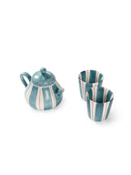 Hand-Painted Coral Stripe Ceramic Tea Set | Artisan Teapot Cup & Saucer Set