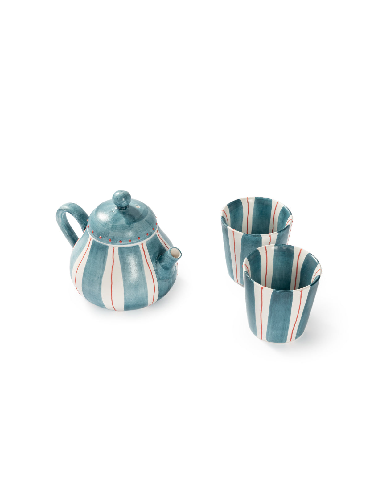Hand-Painted Coral Stripe Ceramic Tea Set | Artisan Teapot Cup & Saucer Set