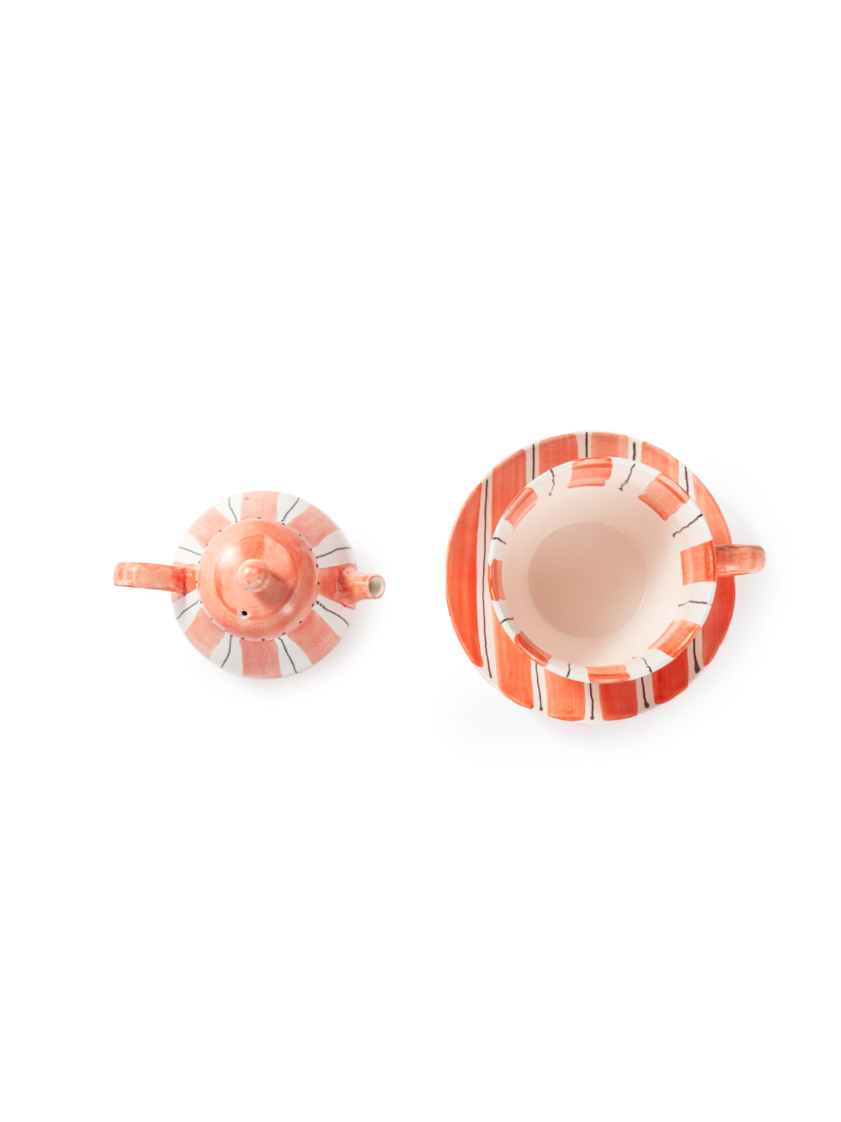 Hand-Painted Teal Stripe Ceramic Tea Set | Artisan Teapot & Cup Set with Orange Accents