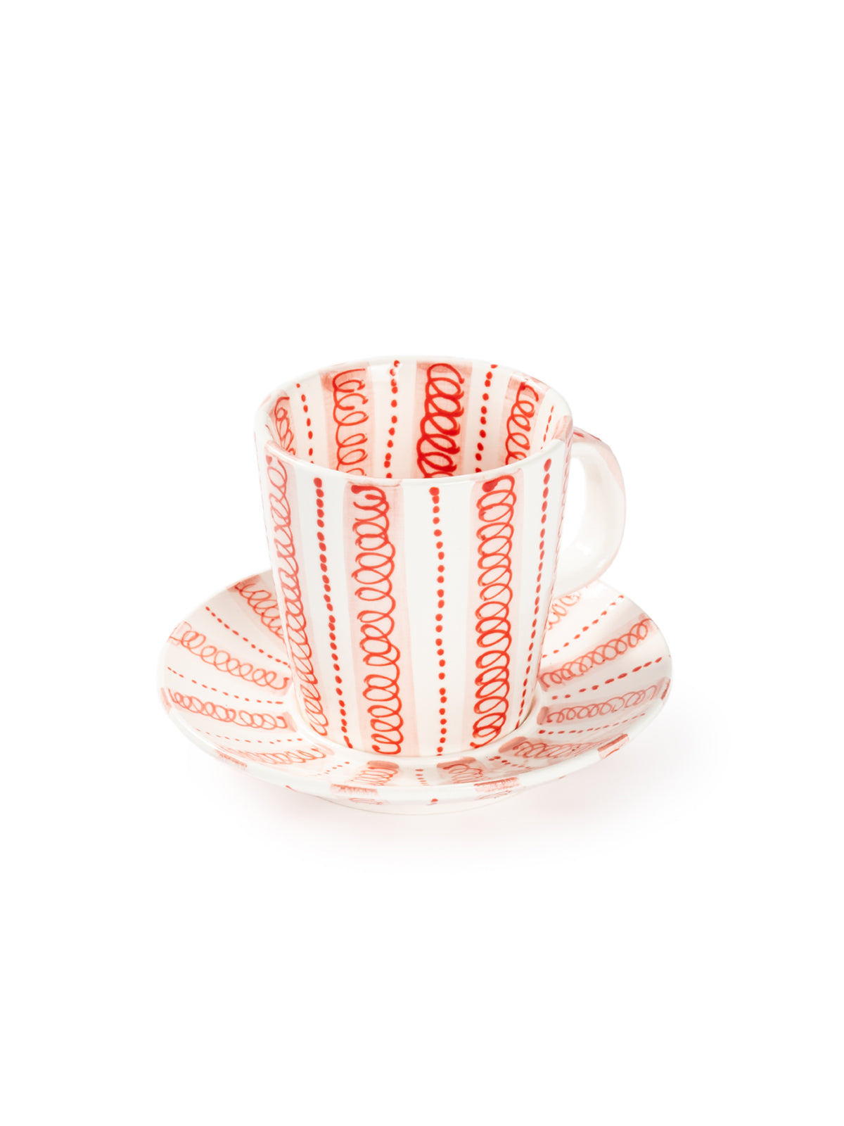 Hand-Painted Red Stripe Coffee Cup & Saucer Set | Artisan Ceramic 140cc