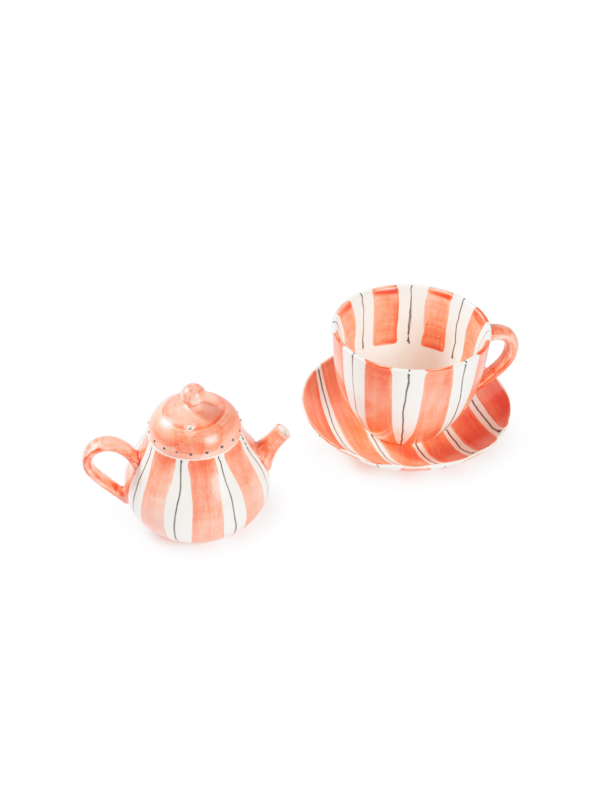 Hand-Painted Teal Stripe Ceramic Tea Set | Artisan Teapot & Cup Set with Orange Accents
