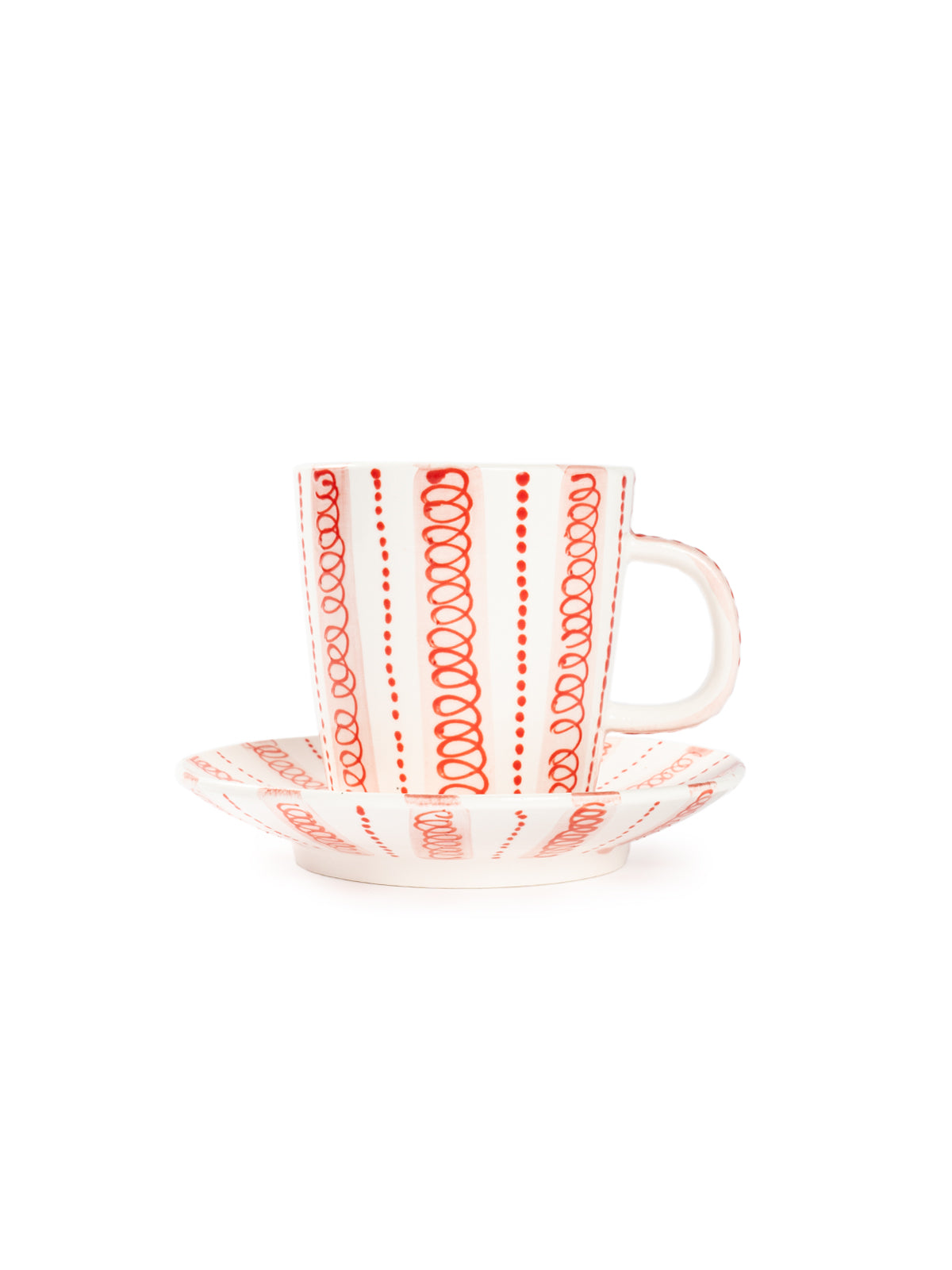 Hand-Painted Red Stripe Coffee Cup & Saucer Set | Artisan Ceramic 140cc