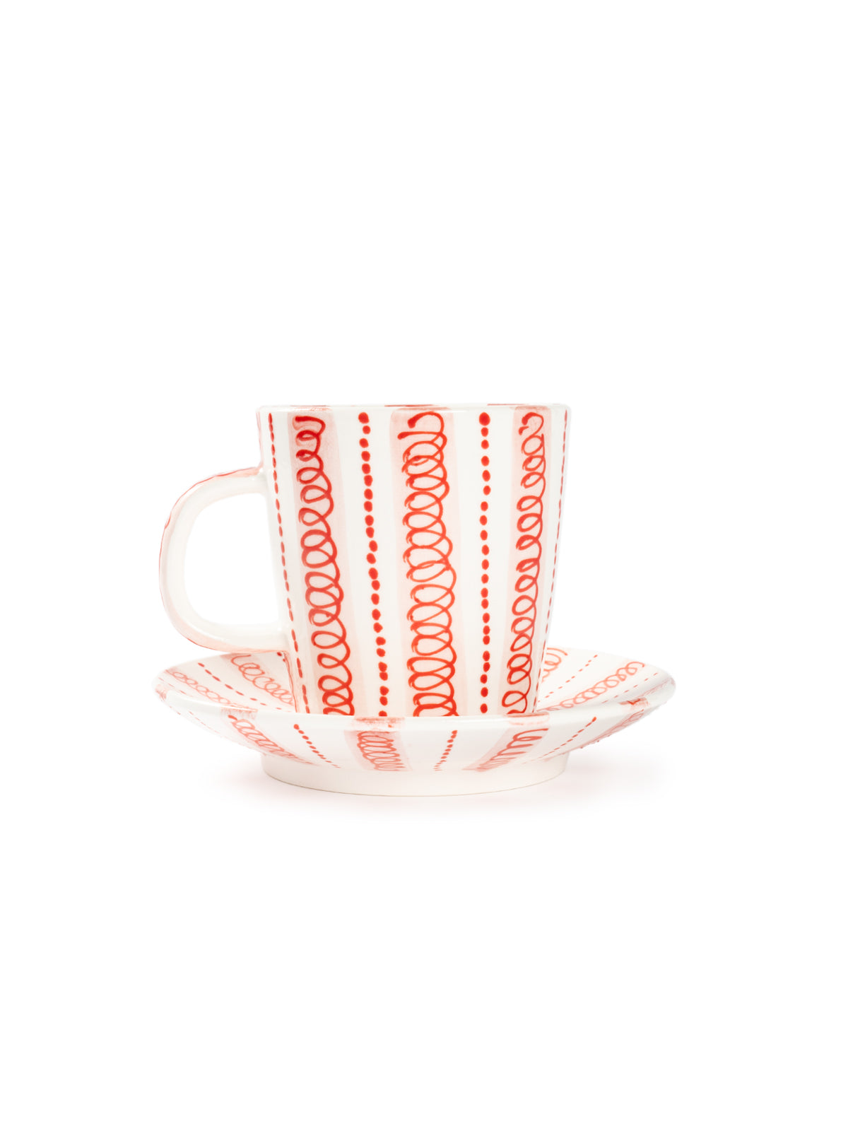 Hand-Painted Red Stripe Coffee Cup & Saucer Set | Artisan Ceramic 140cc