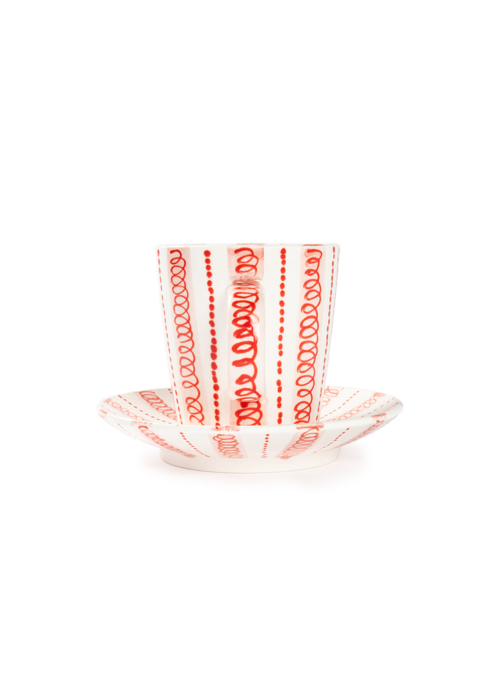 Hand-Painted Red Stripe Coffee Cup & Saucer Set | Artisan Ceramic 140cc