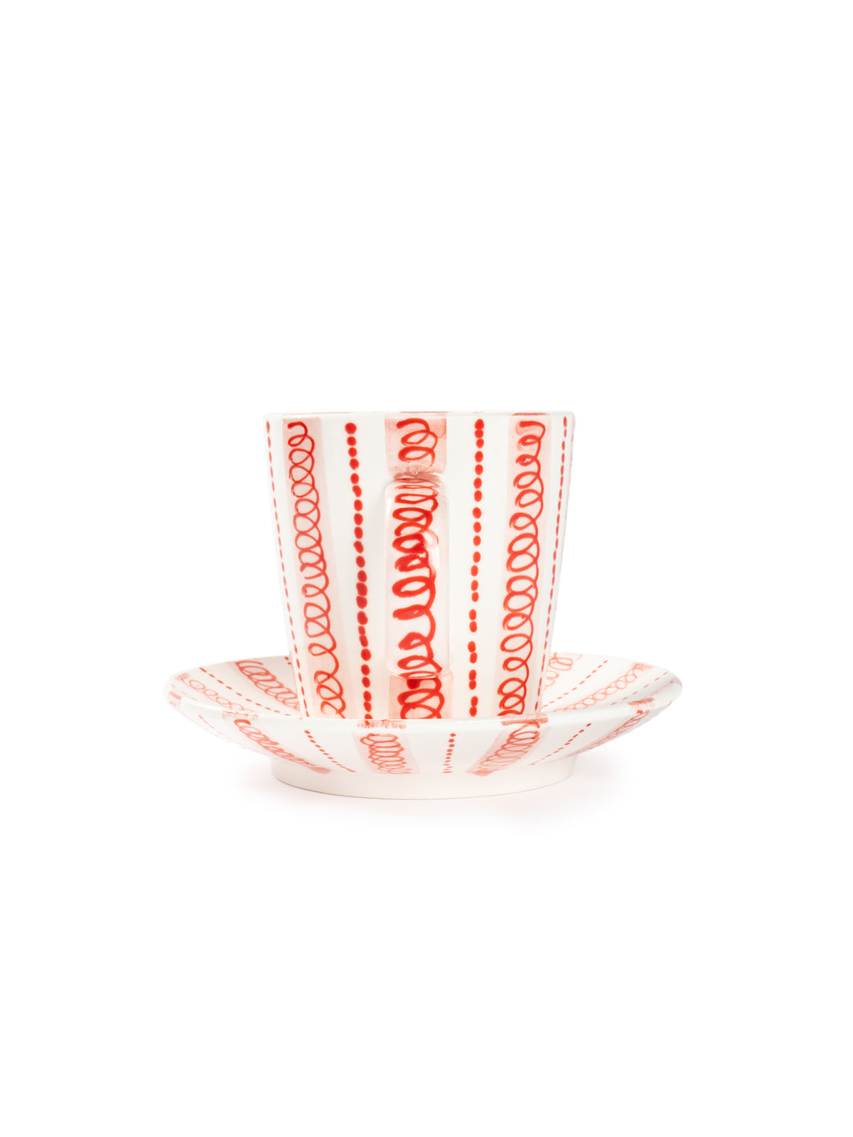 Hand-Painted Red Stripe Coffee Cup & Saucer Set | Artisan Ceramic 140cc