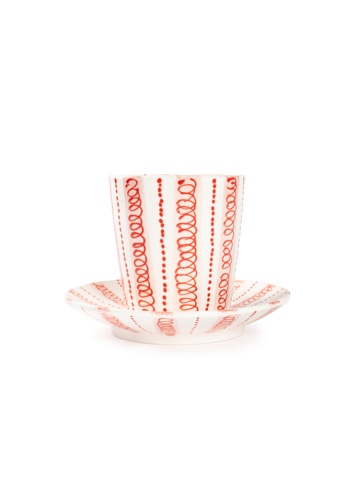 Hand-Painted Red Stripe Coffee Cup & Saucer Set | Artisan Ceramic 140cc