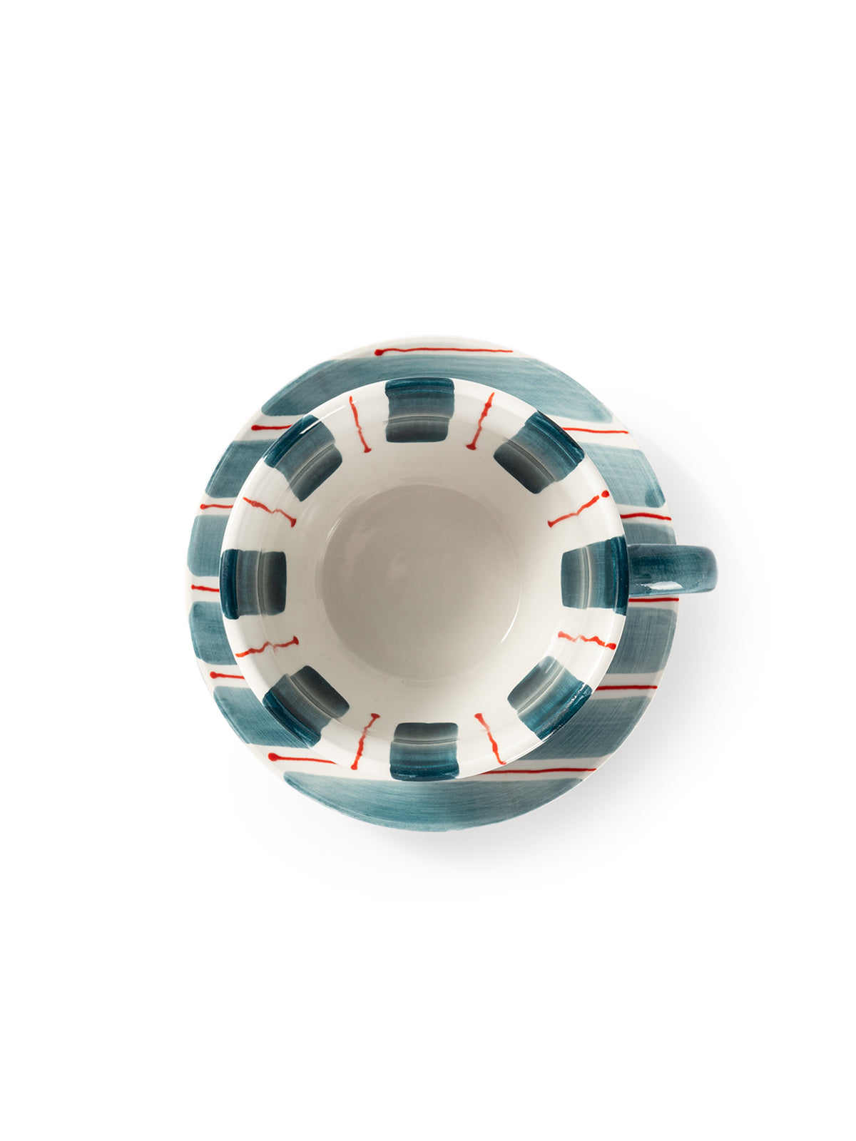 Tri-Color Hand-Painted Stripe Coffee Cup & Saucer Set | Artisan Ceramic Collection