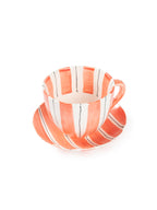 Hand-Painted Teal Stripe Ceramic Tea Set | Artisan Teapot & Cup Set with Orange Accents