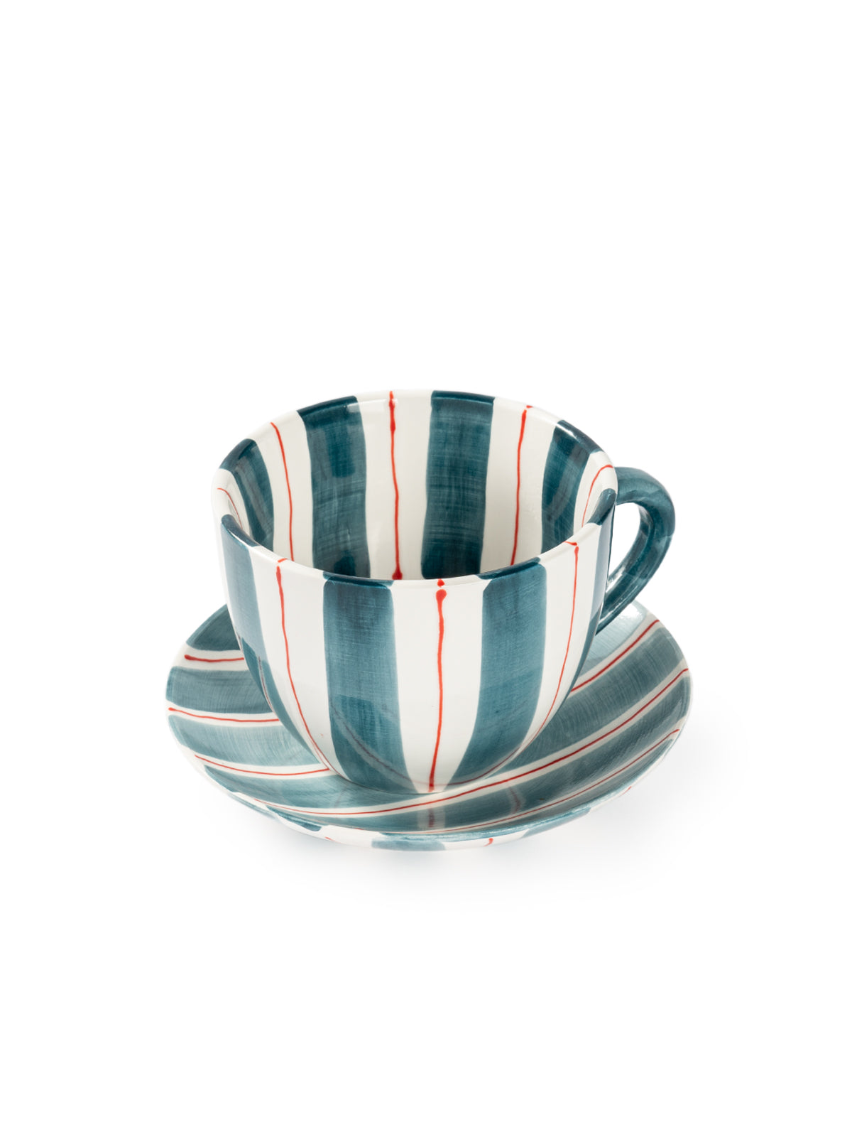 Tri-Color Hand-Painted Stripe Coffee Cup & Saucer Set | Artisan Ceramic Collection