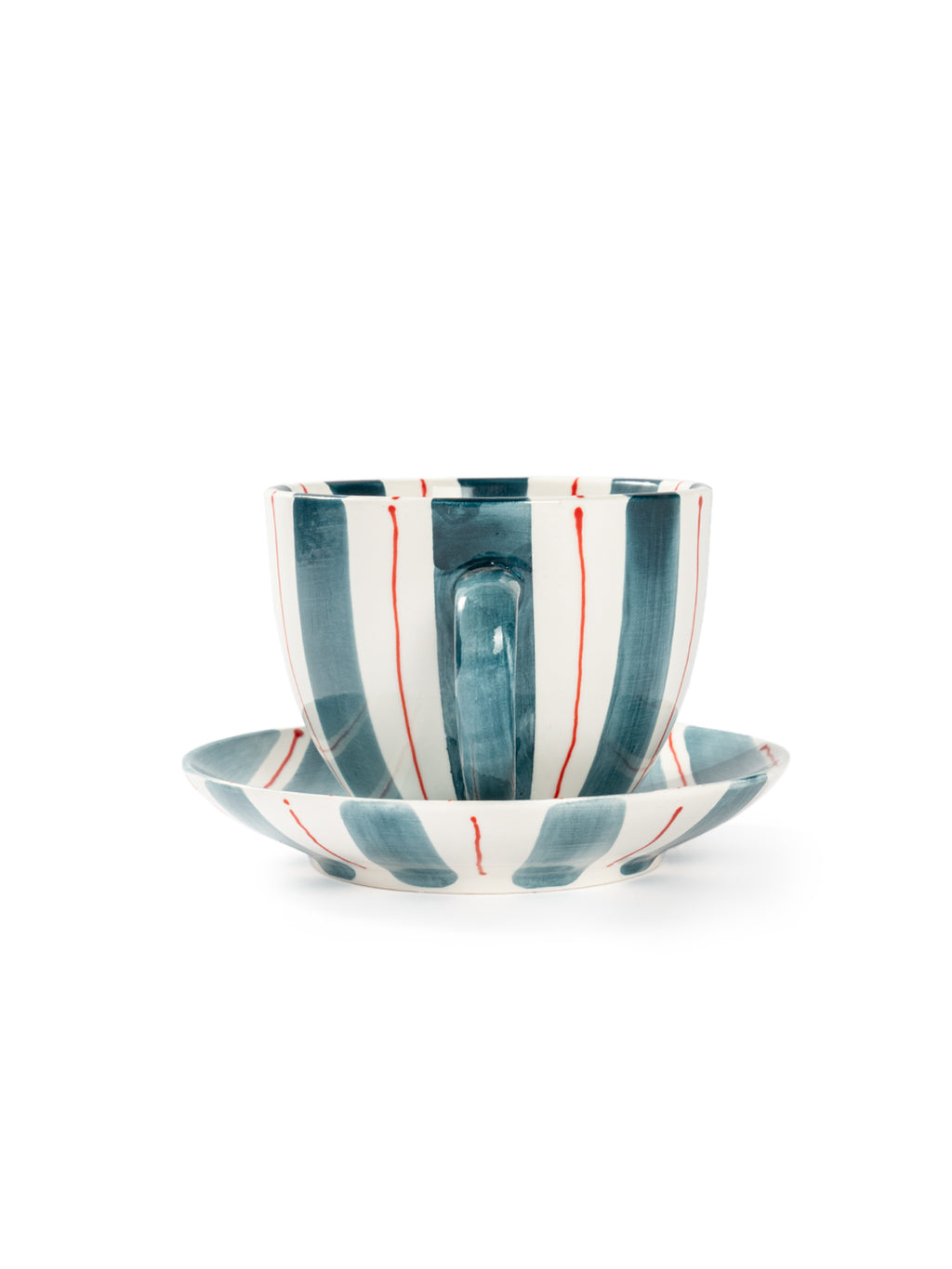 Tri-Color Hand-Painted Stripe Coffee Cup & Saucer Set | Artisan Ceramic Collection