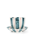 Tri-Color Hand-Painted Stripe Coffee Cup & Saucer Set | Artisan Ceramic Collection