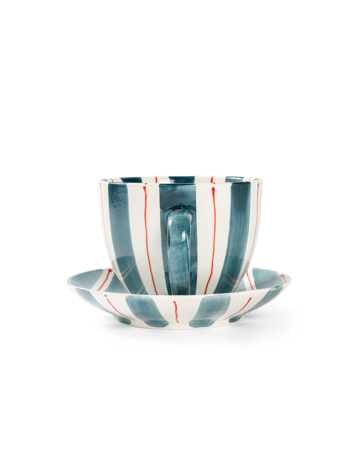 Tri-Color Hand-Painted Stripe Coffee Cup & Saucer Set | Artisan Ceramic Collection