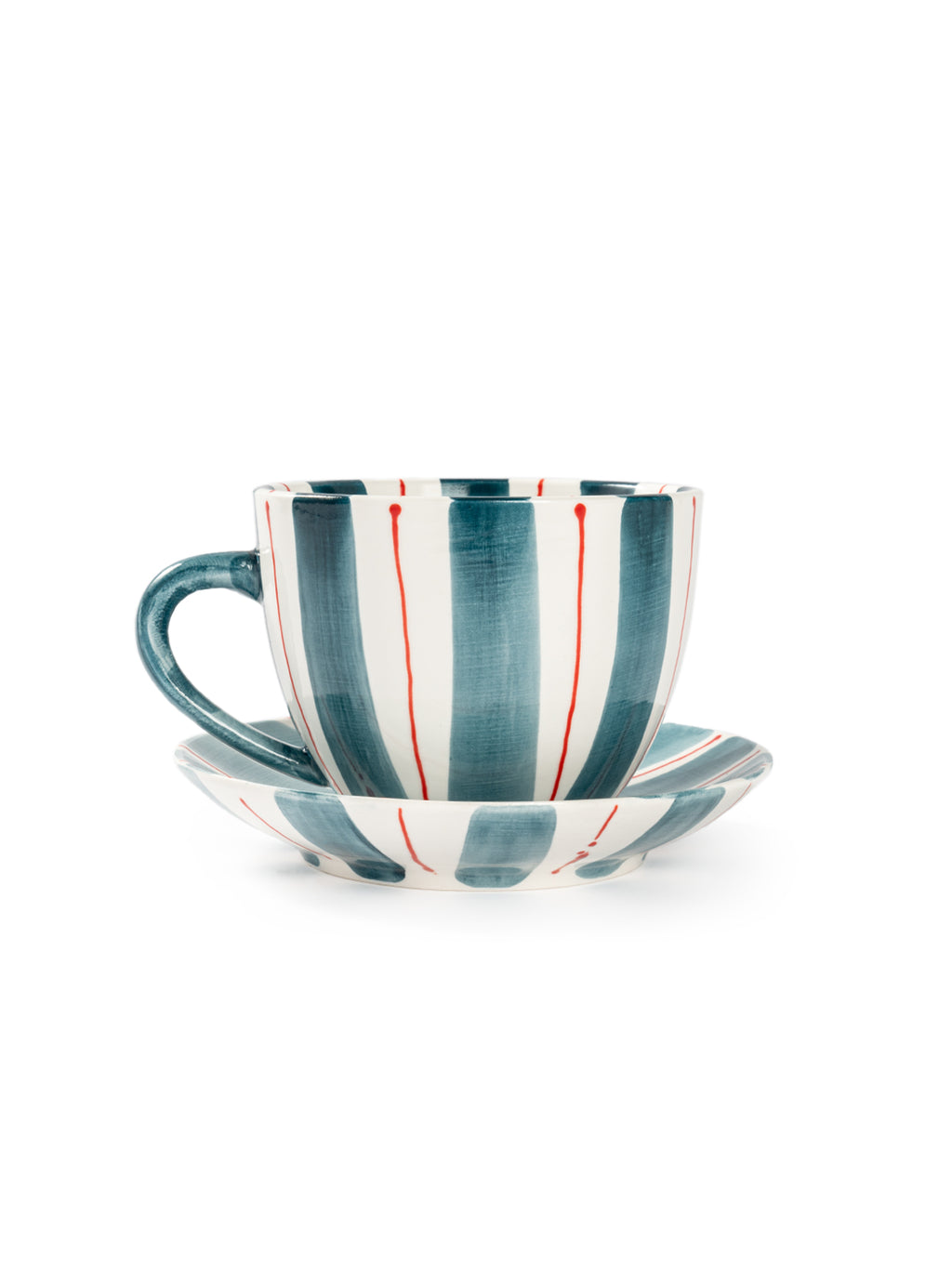 Tri-Color Hand-Painted Stripe Coffee Cup & Saucer Set | Artisan Ceramic Collection