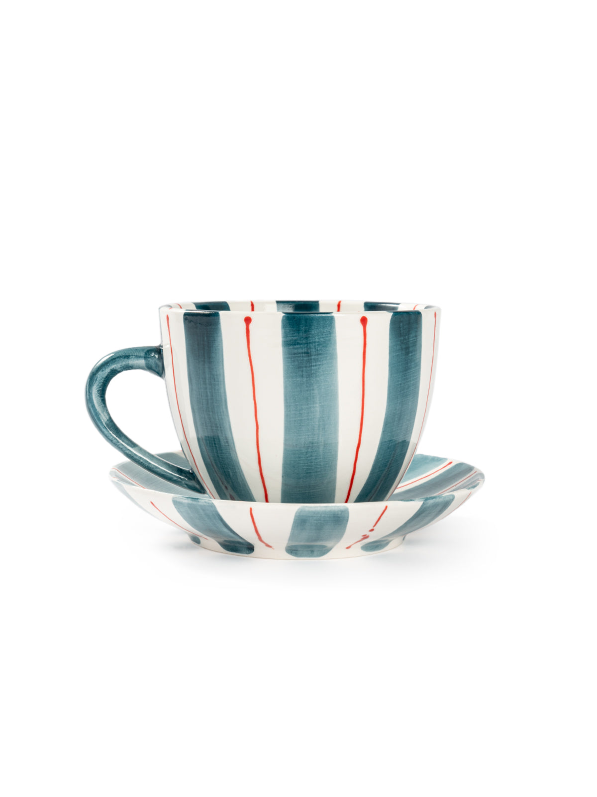 Tri-Color Hand-Painted Stripe Coffee Cup & Saucer Set | Artisan Ceramic Collection