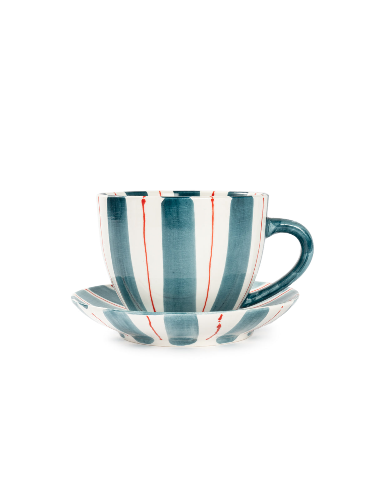 Tri-Color Hand-Painted Stripe Coffee Cup & Saucer Set | Artisan Ceramic Collection