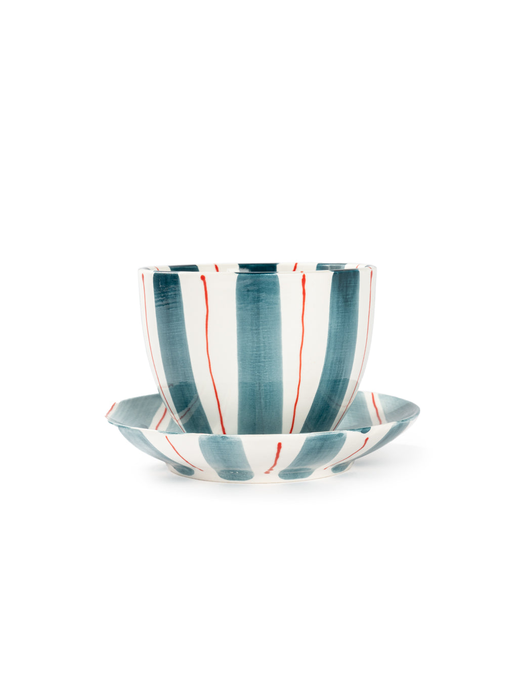 Tri-Color Hand-Painted Stripe Coffee Cup & Saucer Set | Artisan Ceramic Collection