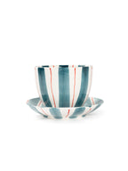 Tri-Color Hand-Painted Stripe Coffee Cup & Saucer Set | Artisan Ceramic Collection