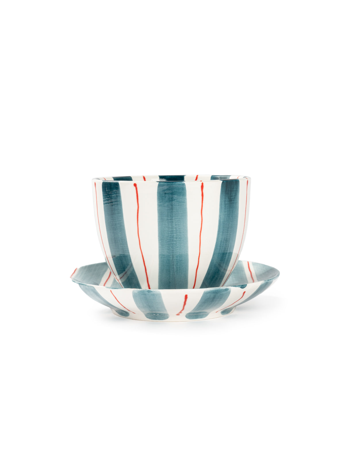 Tri-Color Hand-Painted Stripe Coffee Cup & Saucer Set | Artisan Ceramic Collection