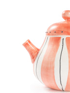 Hand-Painted Teal Stripe Ceramic Tea Set | Artisan Teapot & Cup Set with Orange Accents