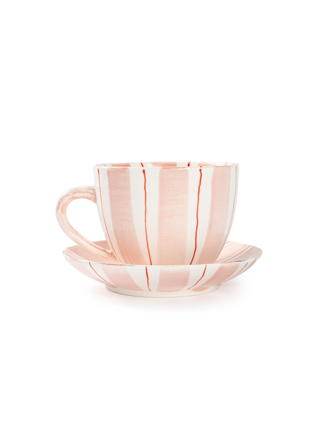 Tri-Color Hand-Painted Stripe Coffee Cup & Saucer Set | Artisan Ceramic Collection