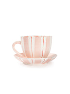 Tri-Color Hand-Painted Stripe Coffee Cup & Saucer Set | Artisan Ceramic Collection