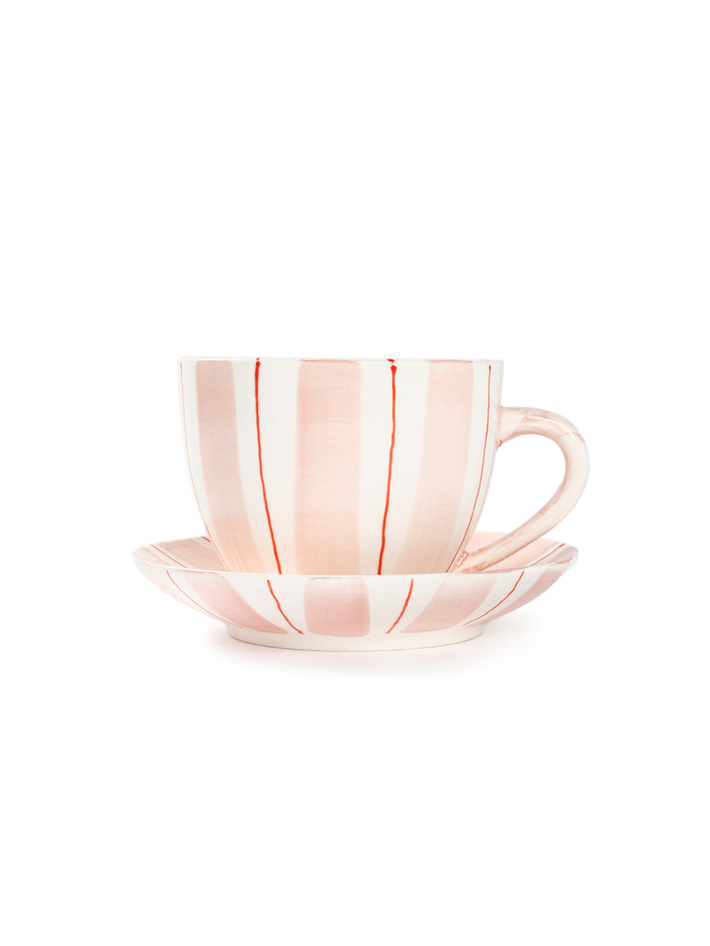 Tri-Color Hand-Painted Stripe Coffee Cup & Saucer Set | Artisan Ceramic Collection