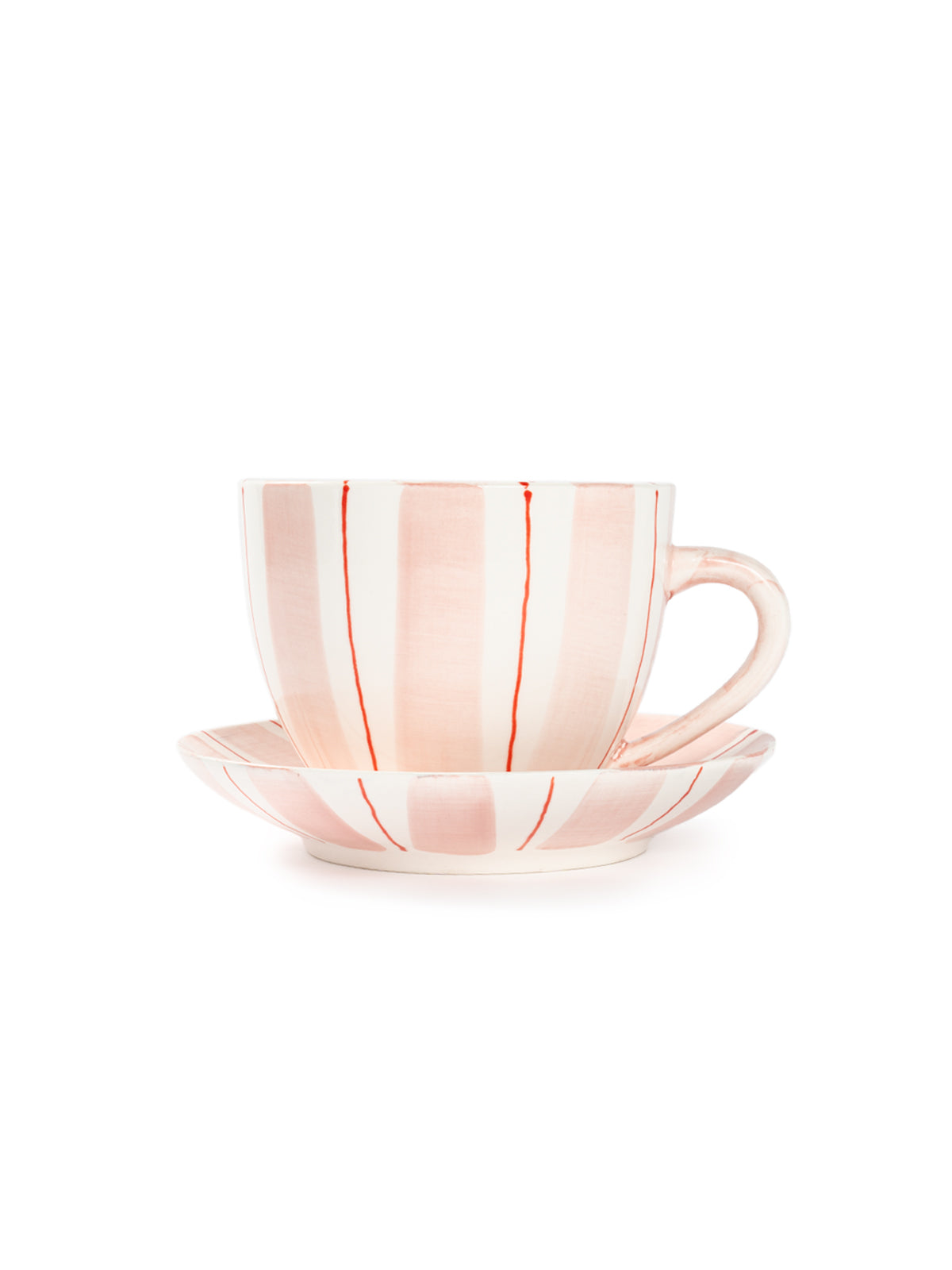 Tri-Color Hand-Painted Stripe Coffee Cup & Saucer Set | Artisan Ceramic Collection