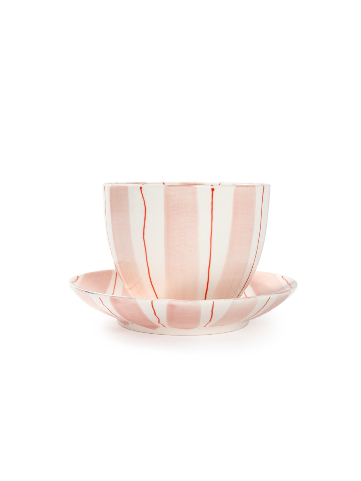 Tri-Color Hand-Painted Stripe Coffee Cup & Saucer Set | Artisan Ceramic Collection