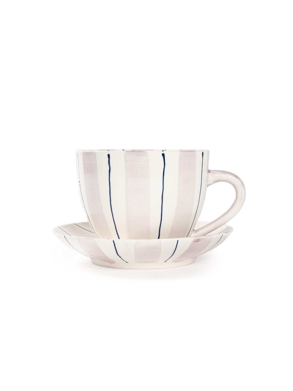 Tri-Color Hand-Painted Stripe Coffee Cup & Saucer Set | Artisan Ceramic Collection