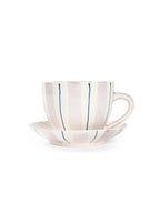 Tri-Color Hand-Painted Stripe Coffee Cup & Saucer Set | Artisan Ceramic Collection