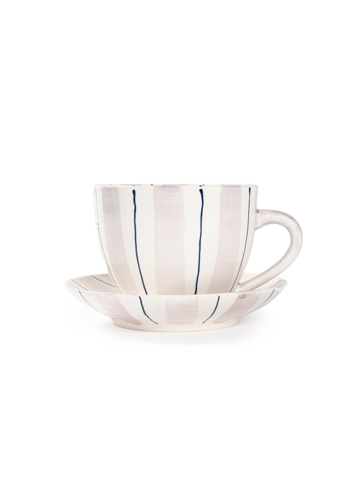 Tri-Color Hand-Painted Stripe Coffee Cup & Saucer Set | Artisan Ceramic Collection