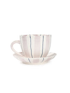 Tri-Color Hand-Painted Stripe Coffee Cup & Saucer Set | Artisan Ceramic Collection