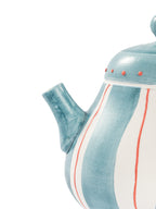 Hand-Painted Coral Stripe Ceramic Tea Set | Artisan Teapot Cup & Saucer Set