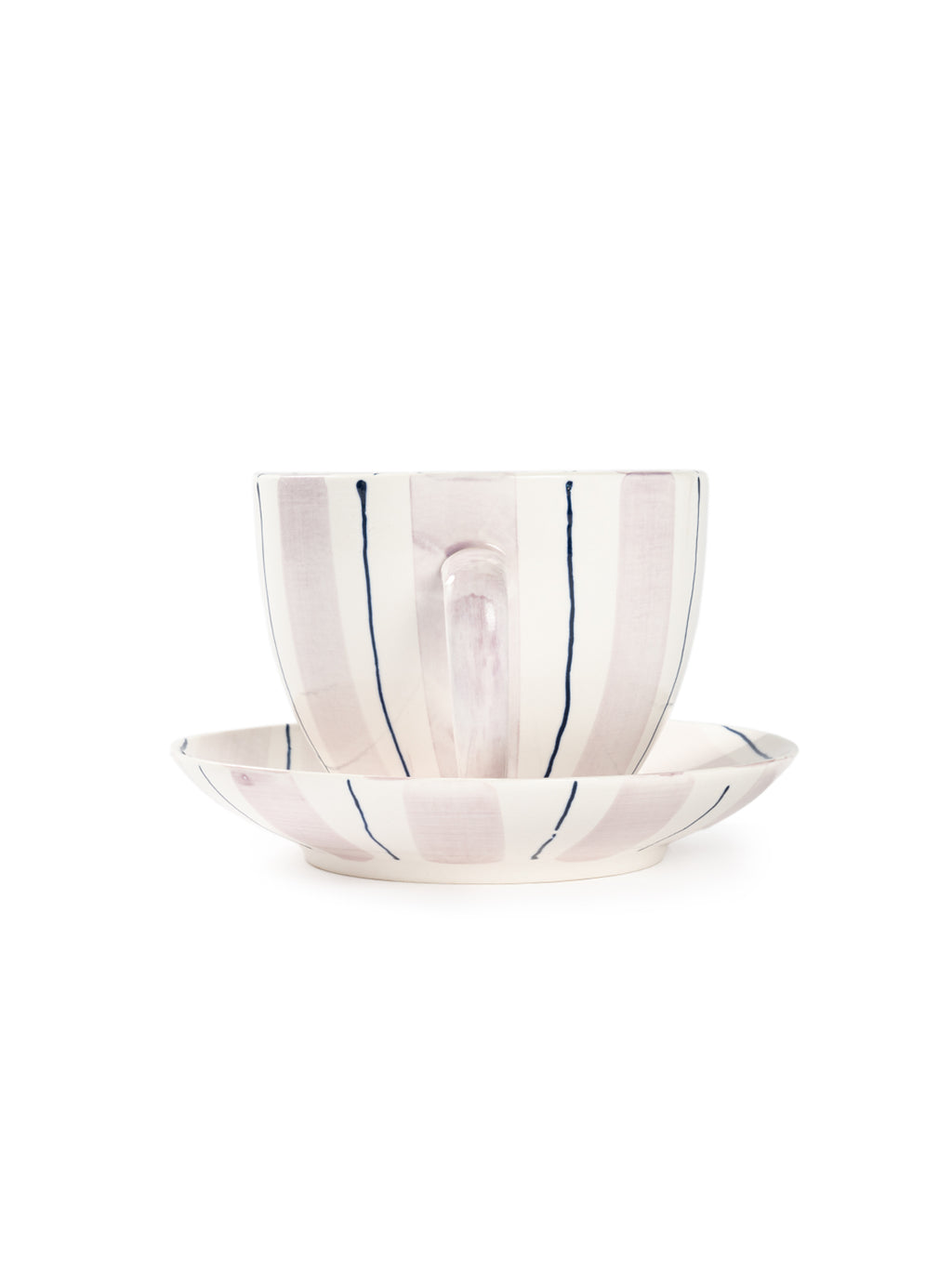 Tri-Color Hand-Painted Stripe Coffee Cup & Saucer Set | Artisan Ceramic Collection