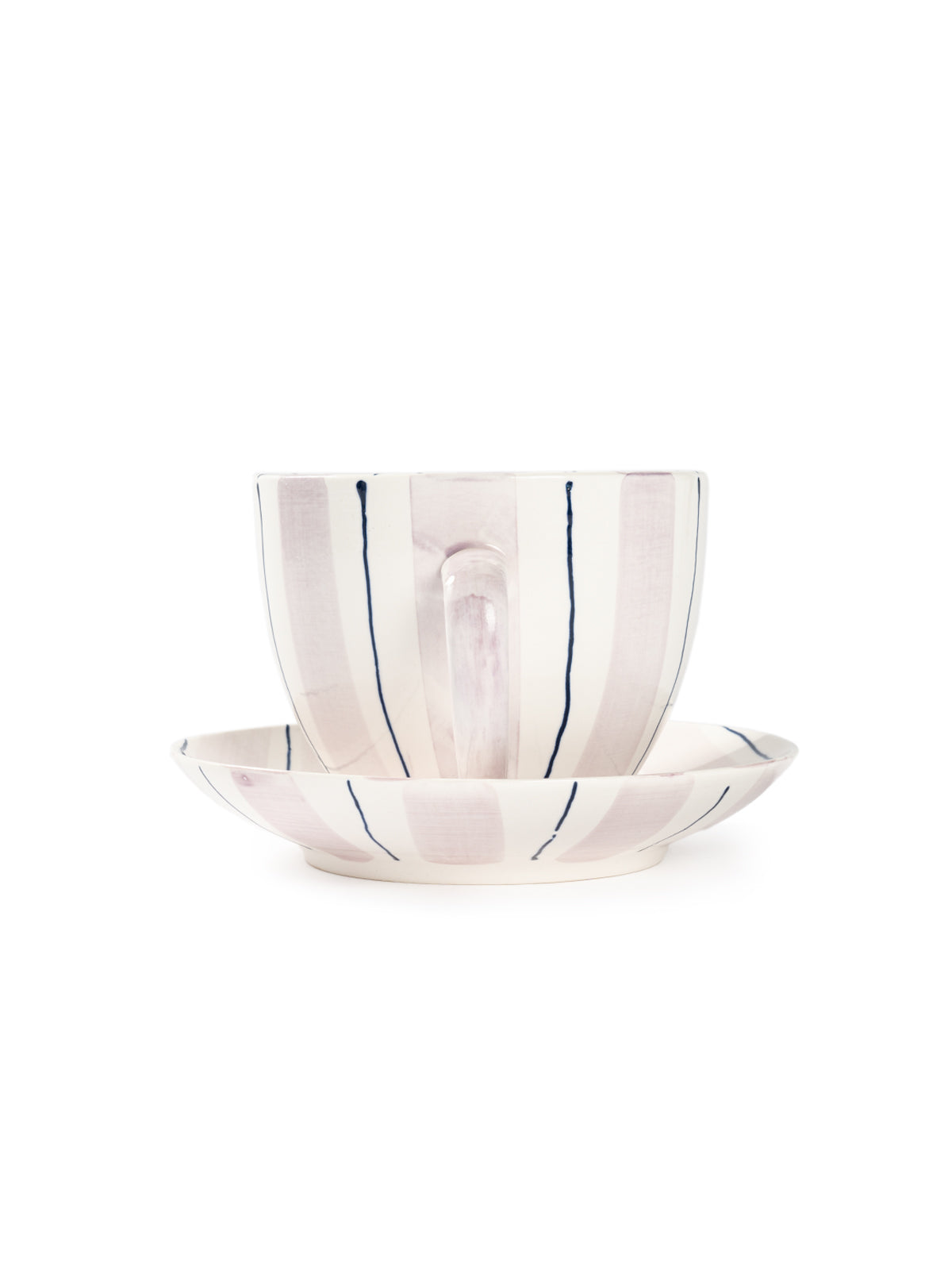 Tri-Color Hand-Painted Stripe Coffee Cup & Saucer Set | Artisan Ceramic Collection