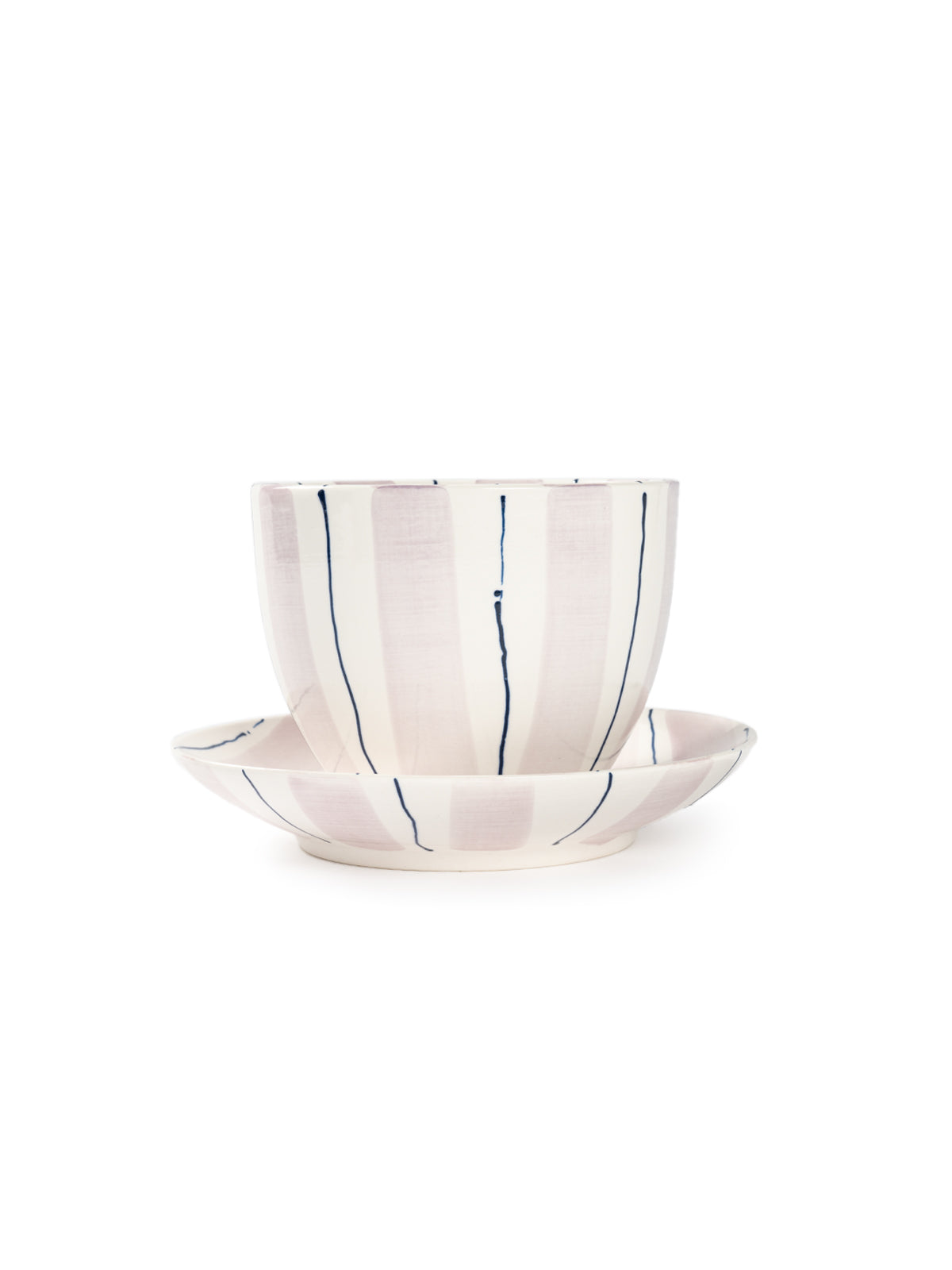 Tri-Color Hand-Painted Stripe Coffee Cup & Saucer Set | Artisan Ceramic Collection