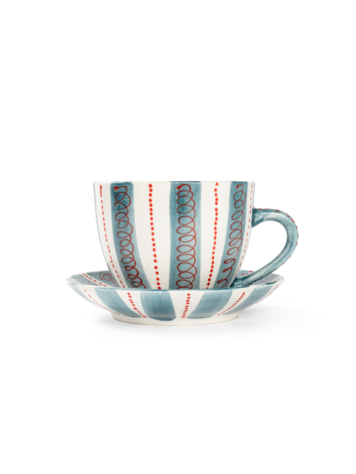 Hand-Painted Stripe Coffee Cup & Saucer Set | Dual Color Artisan Ceramic Collection