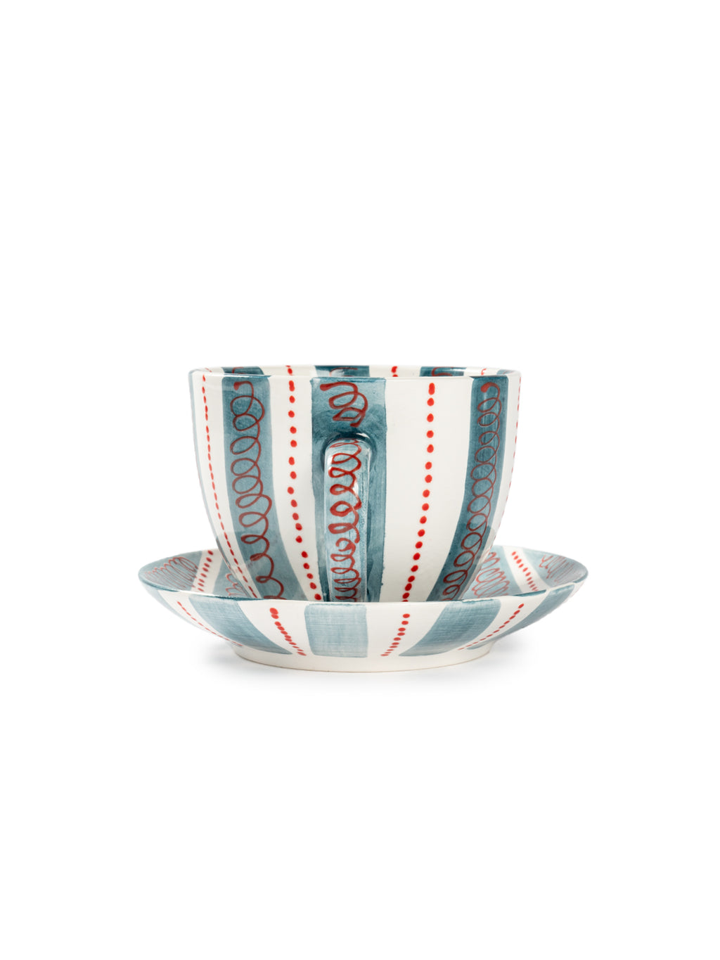 Hand-Painted Stripe Coffee Cup & Saucer Set | Dual Color Artisan Ceramic Collection