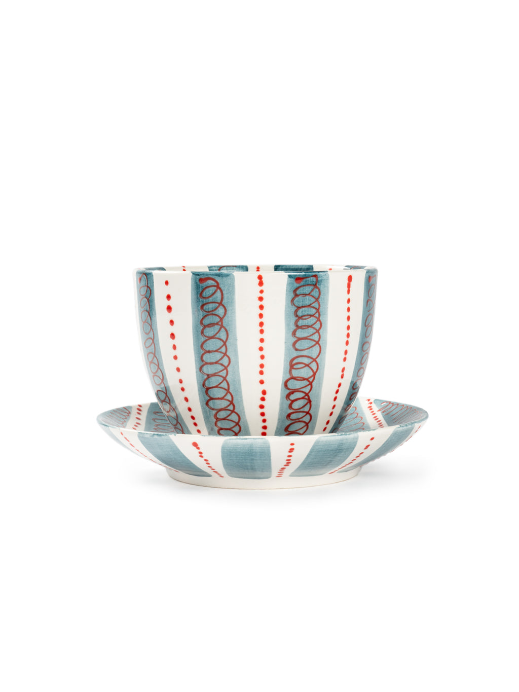 Hand-Painted Stripe Coffee Cup & Saucer Set | Dual Color Artisan Ceramic Collection