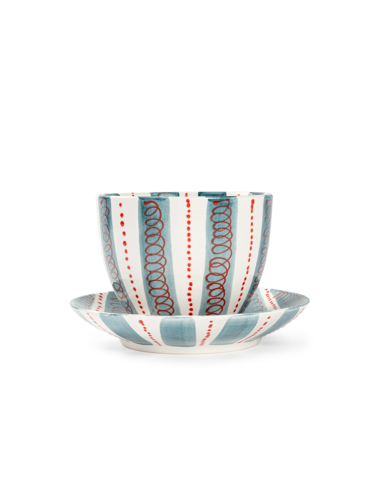 Hand-Painted Stripe Coffee Cup & Saucer Set | Dual Color Artisan Ceramic Collection