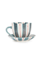 Hand-Painted Stripe Coffee Cup & Saucer Set | Dual Color Artisan Ceramic Collection