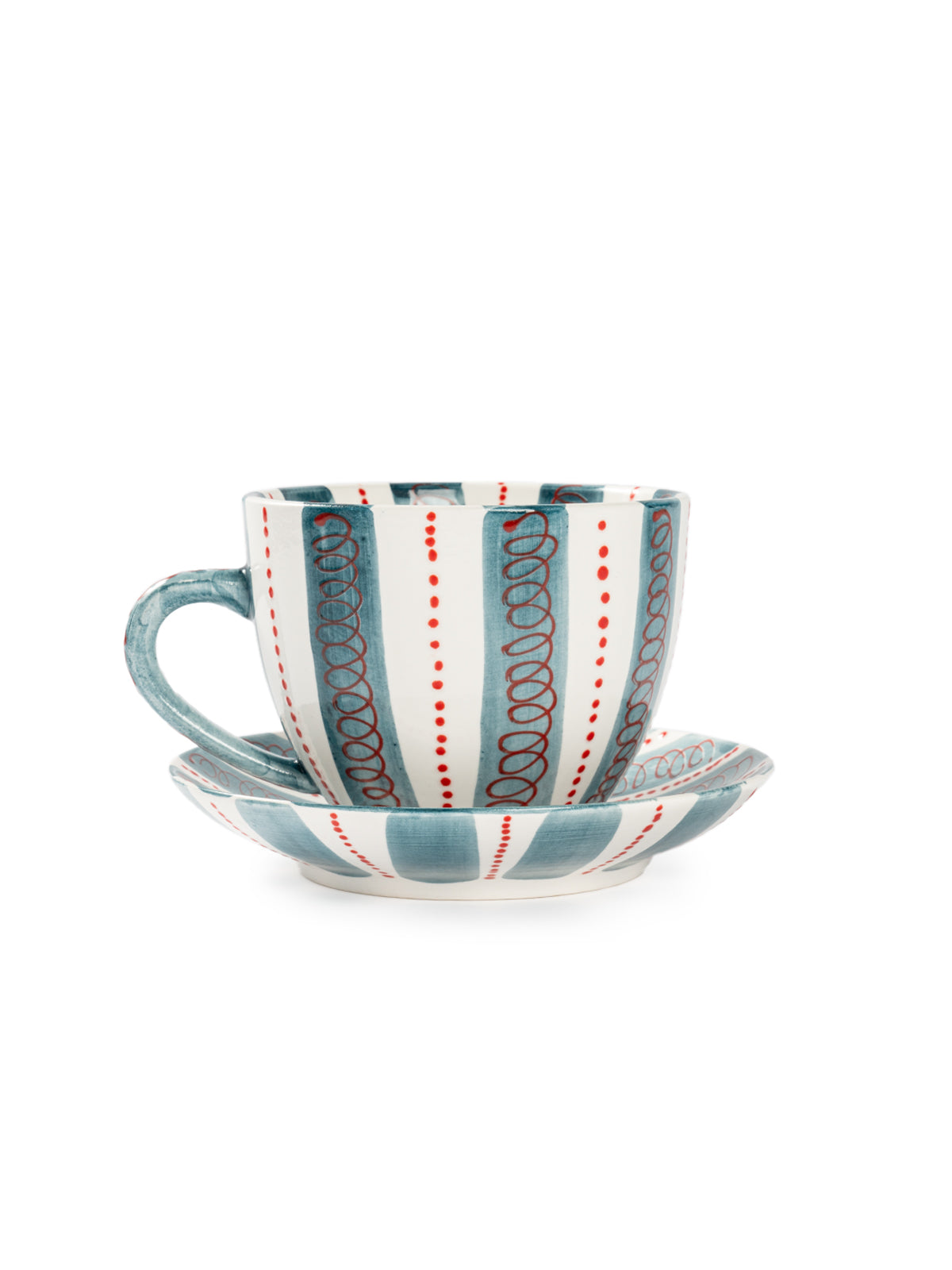 Hand-Painted Stripe Coffee Cup & Saucer Set | Dual Color Artisan Ceramic Collection