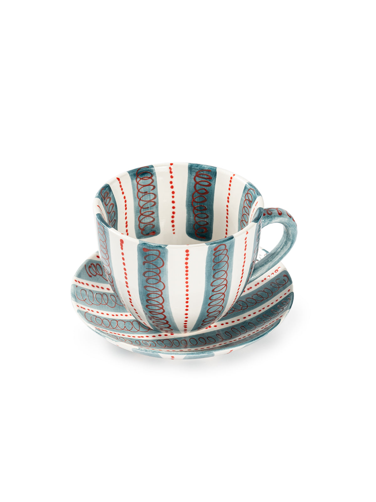 Hand-Painted Stripe Coffee Cup & Saucer Set | Dual Color Artisan Ceramic Collection