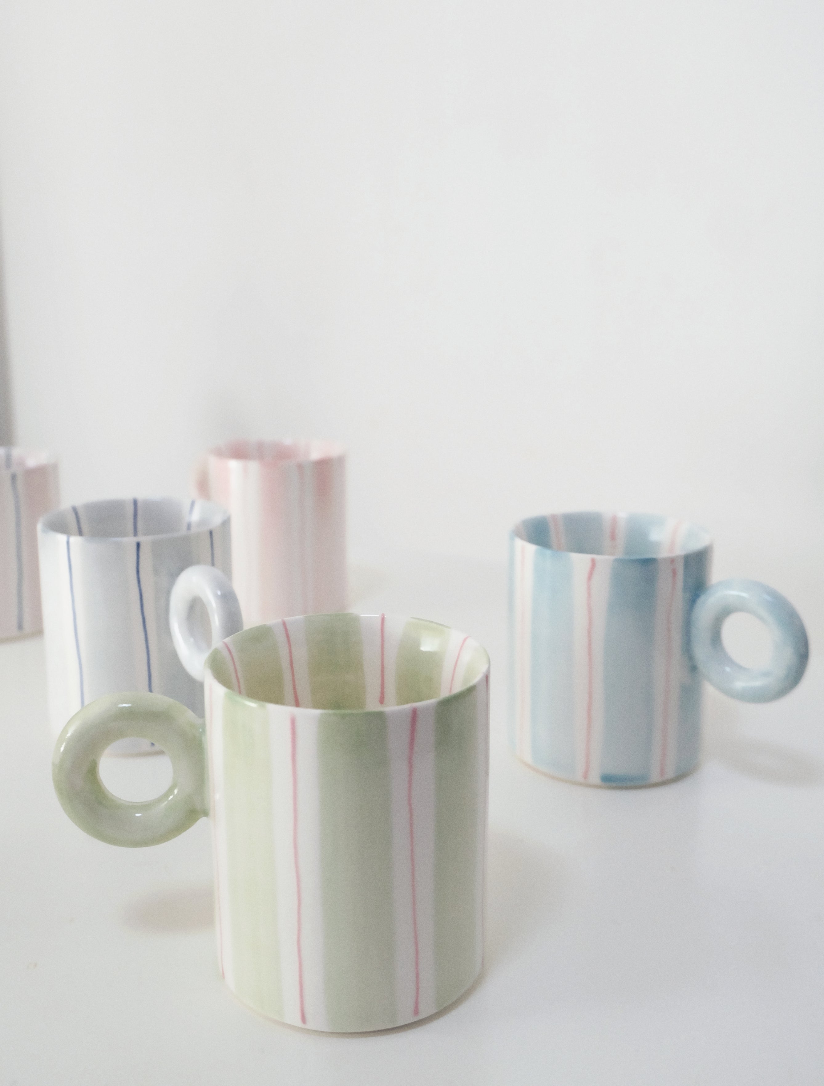 Hand-Painted Dopamine Ceramic Mug | Round Handle Design with Pastel Stripes