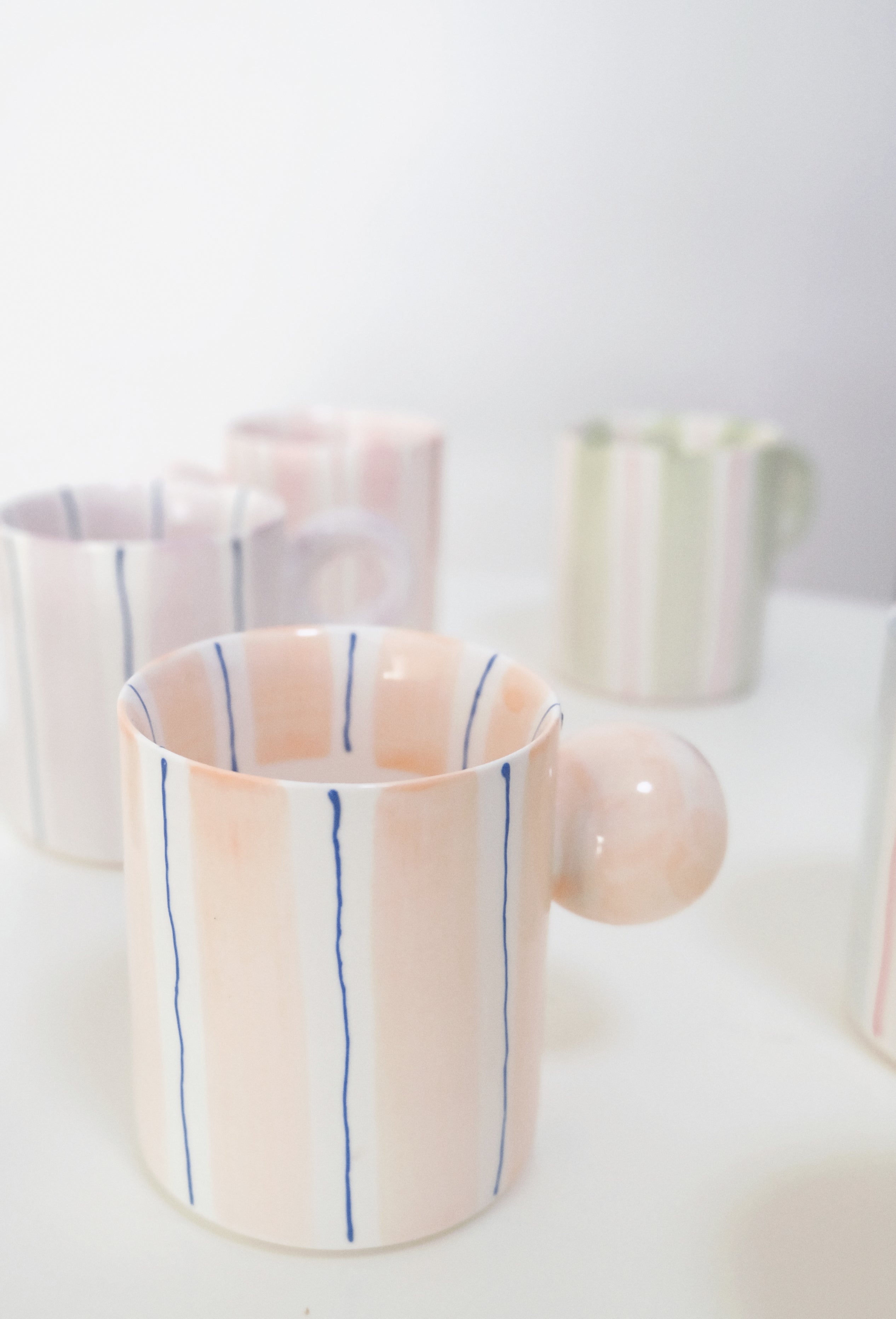 Hand-Painted Dopamine Ceramic Mug | Round Handle Design with Pastel Stripes