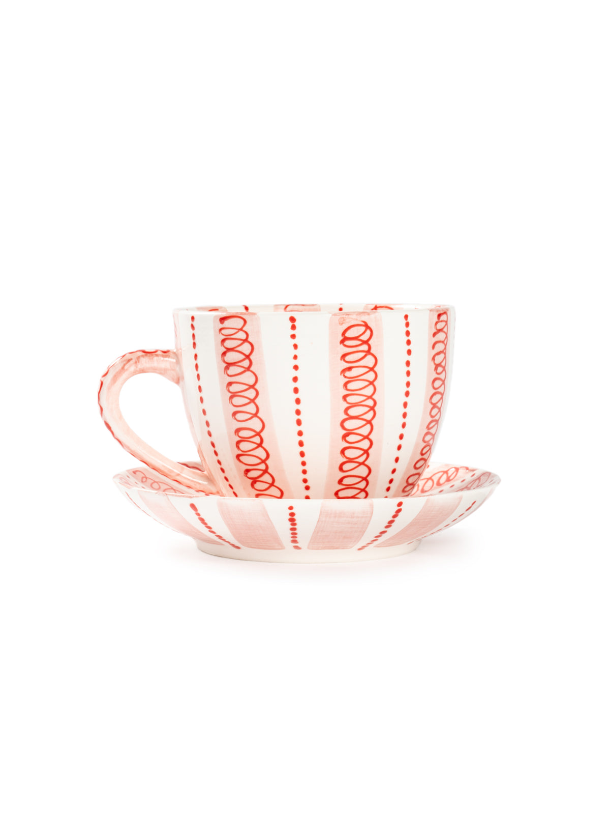 Hand-Painted Stripe Coffee Cup & Saucer Set | Dual Color Artisan Ceramic Collection