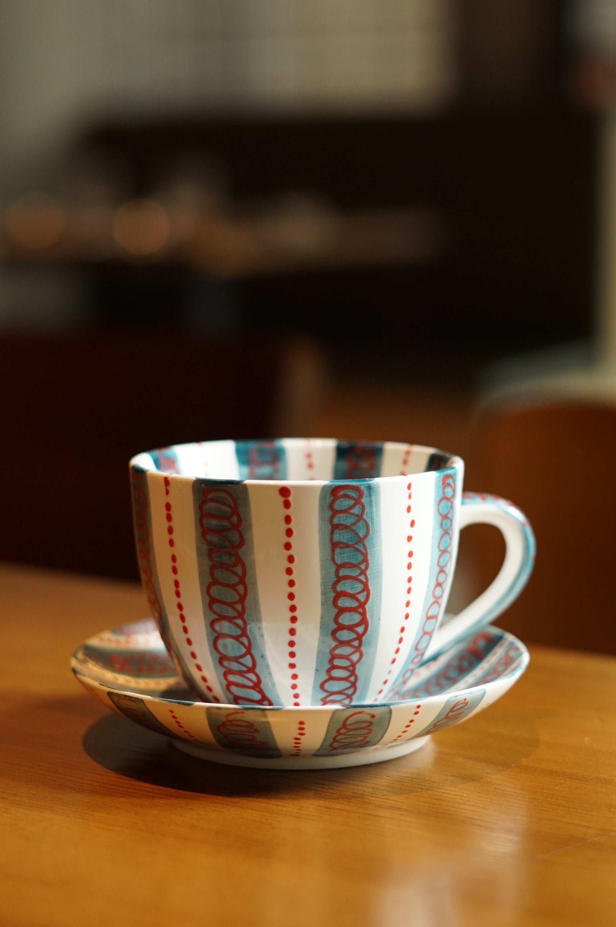 Hand-Painted Stripe Coffee Cup & Saucer Set | Dual Color Artisan Ceramic Collection